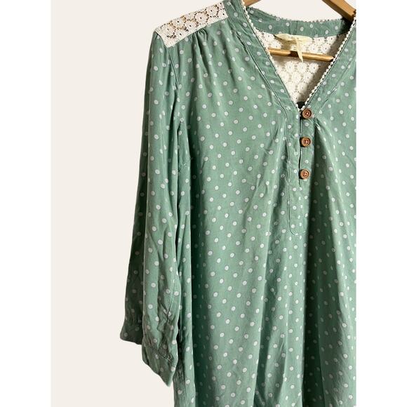 Matilda Jane Green Lace Polka Dot Print V-Neck 3/4 Sleeve Button Up Top Size L - Picture 4 of 9